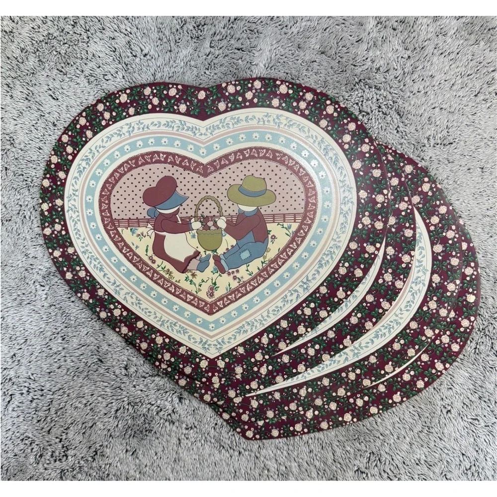 Vintage Town & Country Heart Placemats Set 4 Vinyl Cottagecore Grannycore